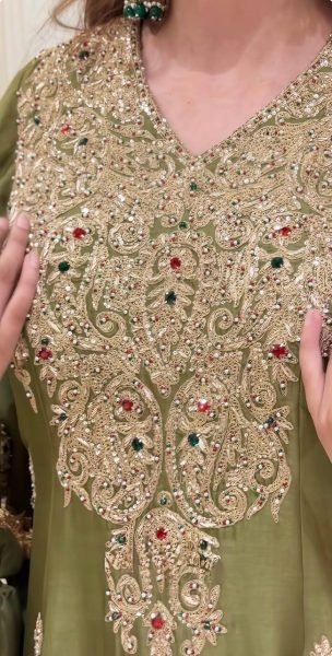 Ethereal Green Roman Silk Embroidered Top Pant Dupatta Set with Fancy Neck Work Ready To Wear Collection