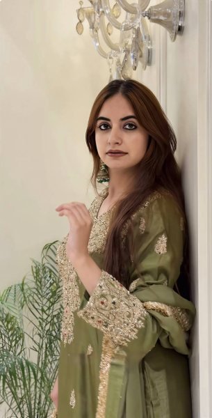 Ethereal Green Roman Silk Embroidered Top Pant Dupatta Set with Fancy Neck Work Ready To Wear Collection