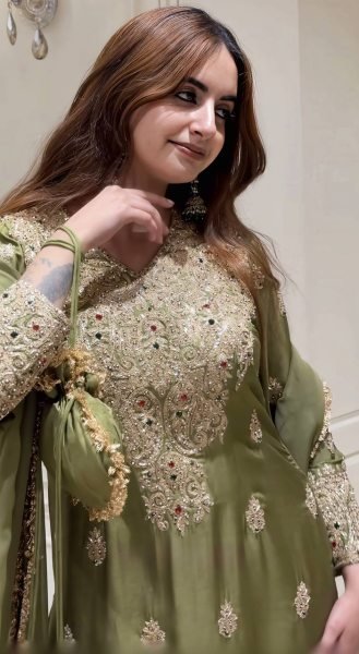 Ethereal Green Roman Silk Embroidered Top Pant Dupatta Set with Fancy Neck Work Ready To Wear Collection