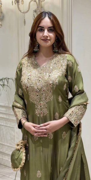 Ethereal Green Roman Silk Embroidered Top Pant Dupatta Set with Fancy Neck Work Ready To Wear Collection