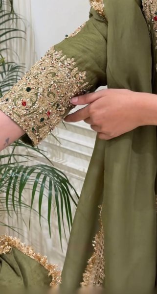 Ethereal Green Roman Silk Embroidered Top Pant Dupatta Set with Fancy Neck Work Ready To Wear Collection