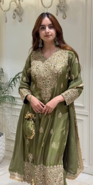 Ethereal Green Roman Silk Embroidered Top Pant Dupatta Set with Fancy Neck Work Ready To Wear Collection