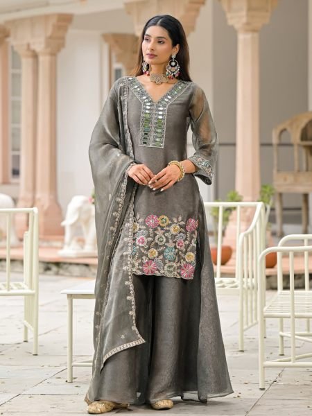 Ethereal Grey Crush Satin Top Palazzo Dupatta Set with Beads and Mirror Work at Wholesale Rate 