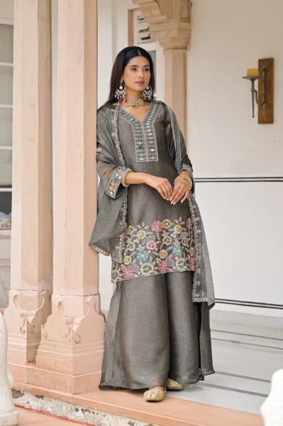 Ethereal Grey Crush Satin Top Palazzo Dupatta Set with Beads and Mirror Work at Wholesale Rate Designer Plazzo Salwar Suits Wholesale