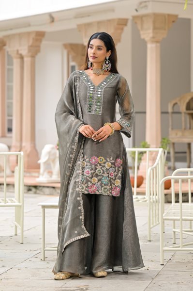 Ethereal Grey Crush Satin Top Palazzo Dupatta Set with Beads and Mirror Work at Wholesale Rate Designer Plazzo Salwar Suits Wholesale