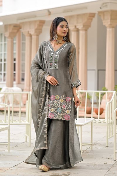 Ethereal Grey Crush Satin Top Palazzo Dupatta Set with Beads and Mirror Work at Wholesale Rate Designer Plazzo Salwar Suits Wholesale