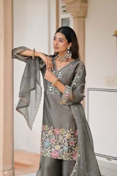 Ethereal Grey Crush Satin Top Palazzo Dupatta Set with Beads and Mirror Work at Wholesale Rate Designer Plazzo Salwar Suits Wholesale