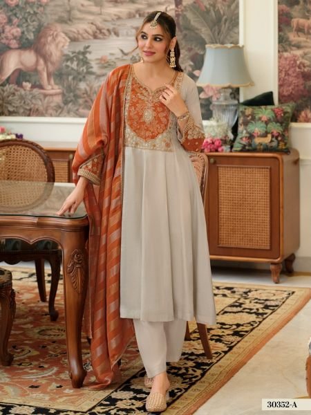 Ethereal Grey Orange Pure Viscose Kanjivaram Embroidered Top Pant Dupatta Set Salwar Kameez