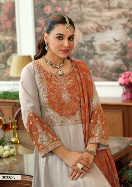 Ethereal Grey Orange Pure Viscose Kanjivaram Embroidered Top Pant Dupatta Set Embroidery Suits Wholesale