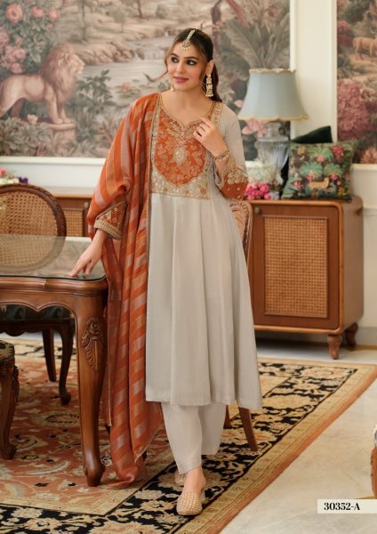Ethereal Grey Orange Pure Viscose Kanjivaram Embroidered Top Pant Dupatta Set Embroidery Suits Wholesale