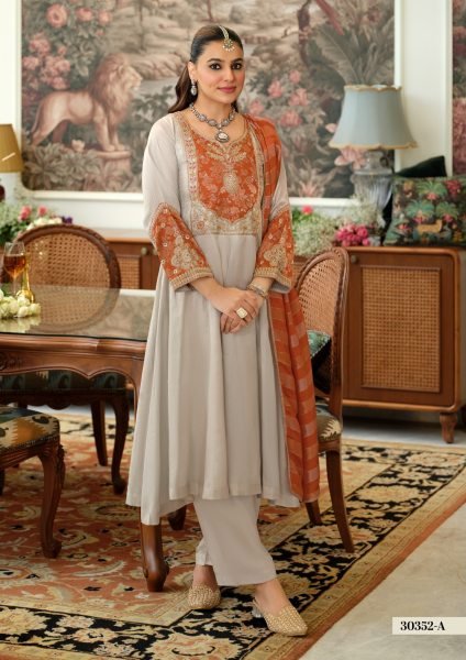 Ethereal Grey Orange Pure Viscose Kanjivaram Embroidered Top Pant Dupatta Set Embroidery Suits Wholesale