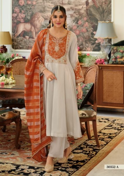 Ethereal Grey Orange Pure Viscose Kanjivaram Embroidered Top Pant Dupatta Set Embroidery Suits Wholesale