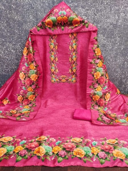 Iconic Hot Pink Assam Silk Digital Print Kurti Pant Dupatta Set with Khatli Work 