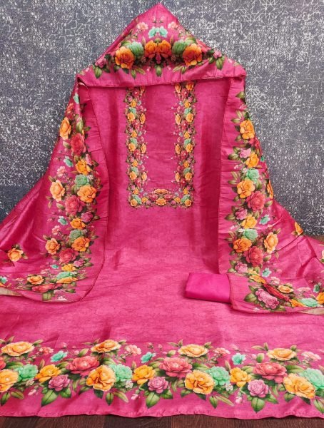 Iconic Hot Pink Assam Silk Digital Print Kurti Pant Dupatta Set with Khatli Work Color Set Matching Dress Material Wholesale