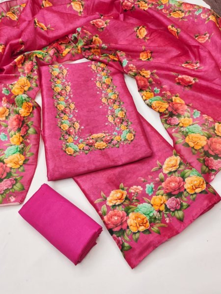 Iconic Hot Pink Assam Silk Digital Print Kurti Pant Dupatta Set with Khatli Work Color Set Matching Dress Material Wholesale
