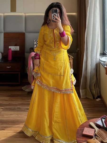 Ethereal Kundan Organza Silk Embroidered   Sequence Work Top Plazzo Set with Designer Lace Dupatta for Function Wear Haldi Ceremony Outfits