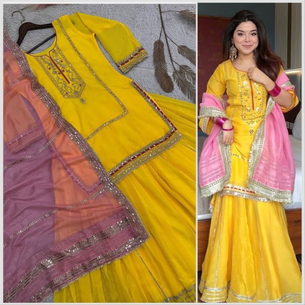 Ethereal Kundan Organza Silk Embroidered   Sequence Work Top Plazzo Set with Designer Lace Dupatta for Function Wear Ready To Wear Collection