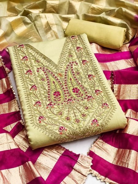 Ethereal Light Pista Roman Silk Cording Work Salwar Suit with Organza Silk Jacquard Dupatta Dress Material 