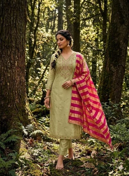 Ethereal Light Pista Roman Silk Cording Work Salwar Suit with Organza Silk Jacquard Dupatta Punjabi Dress Materials Wholesale