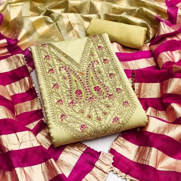 Ethereal Light Pista Roman Silk Cording Work Salwar Suit with Organza Silk Jacquard Dupatta Punjabi Dress Materials Wholesale