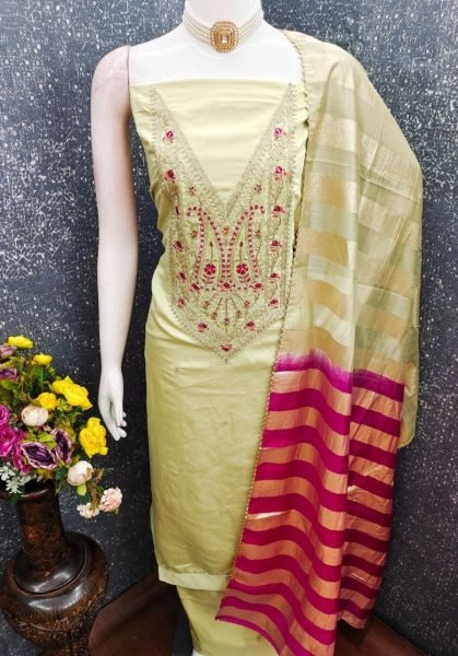 Ethereal Light Pista Roman Silk Cording Work Salwar Suit with Organza Silk Jacquard Dupatta Punjabi Dress Materials Wholesale
