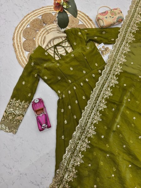 Ethereal Mahendi Green Designer Heavy Two Tone Fandy Silk Gown Set with Sequins Work Ready To Wear Collection