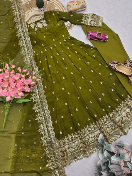Ethereal Mahendi Green Designer Heavy Two Tone Fandy Silk Gown Set with Sequins Work Ready To Wear Collection