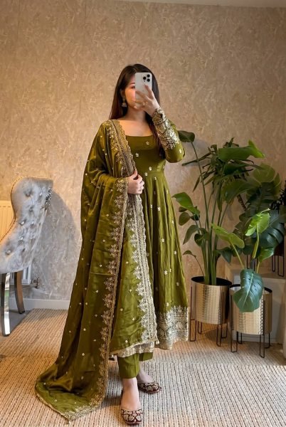 Ethereal Mahendi Green Designer Heavy Two Tone Fandy Silk Gown Set with Sequins Work Ready To Wear Collection