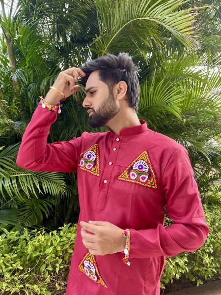 Ethereal Maroon Cotton Kutchi Work Kurta with Pajama and Dupatta for Navratri Kurta Pajama Wholesale