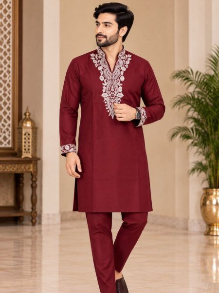 Ethereal Maroon Men’s Lachka Embroidered Kurta Pant Set with Pockets 