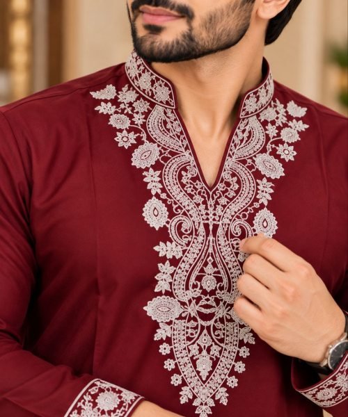 Ethereal Maroon Men’s Lachka Embroidered Kurta Pant Set with Pockets Kurta Pajama Wholesale