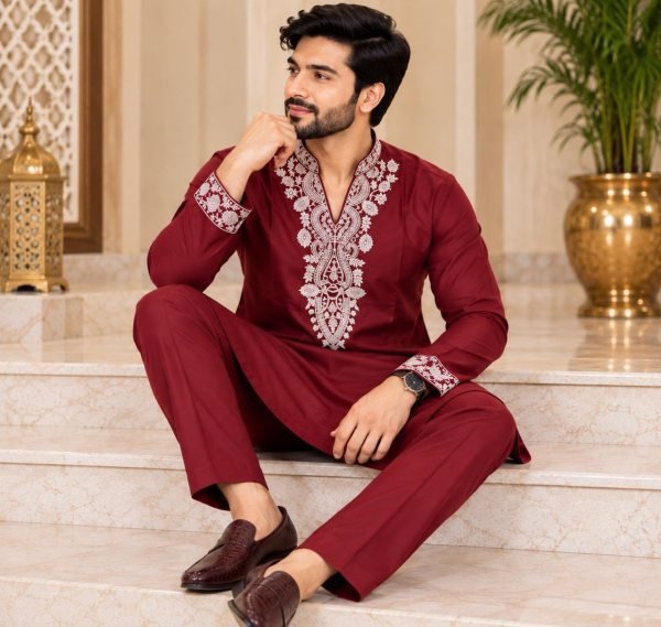 Ethereal Maroon Men’s Lachka Embroidered Kurta Pant Set with Pockets Kurta Pajama Wholesale