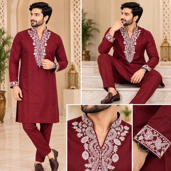 Ethereal Maroon Men’s Lachka Embroidered Kurta Pant Set with Pockets Kurta Pajama Wholesale
