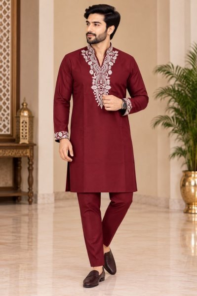 Ethereal Maroon Men’s Lachka Embroidered Kurta Pant Set with Pockets Kurta Pajama Wholesale