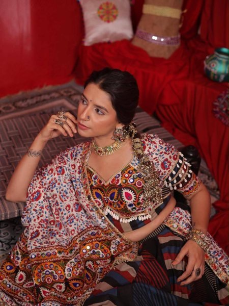Ethereal Multi Designer Printed Muslin Cotton Lehenga Choli with Mirror Embroidery Navratri Lehnega Choli
