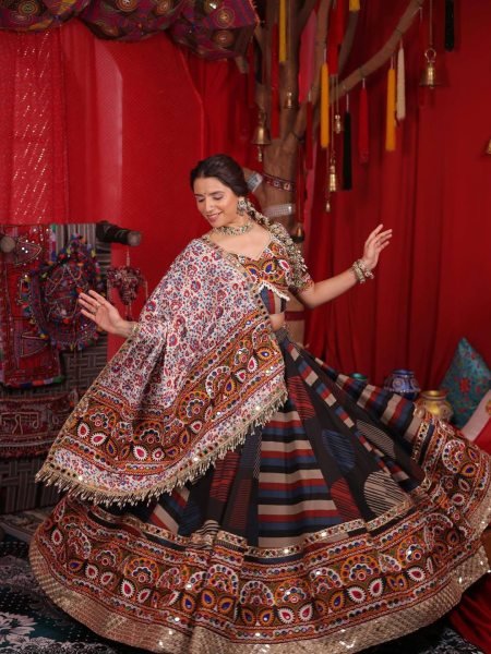 Ethereal Multi Designer Printed Muslin Cotton Lehenga Choli with Mirror Embroidery Navratri Lehnega Choli