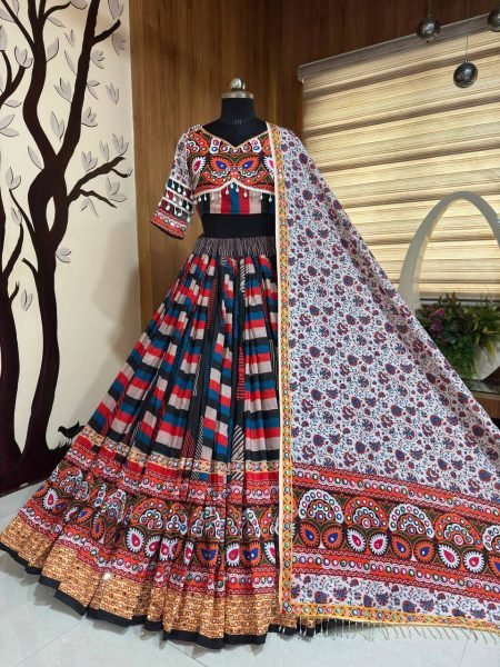 Ethereal Multi Designer Printed Muslin Cotton Lehenga Choli with Mirror Embroidery Navratri Lehnega Choli