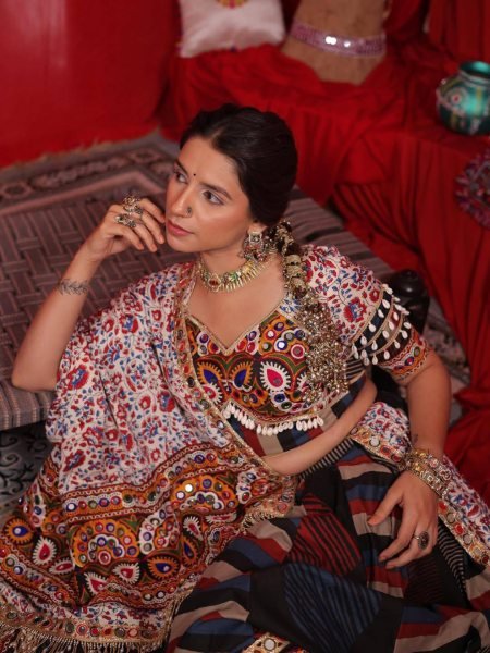 Ethereal Multi Designer Printed Muslin Cotton Lehenga Choli with Mirror Embroidery Navratri Lehnega Choli