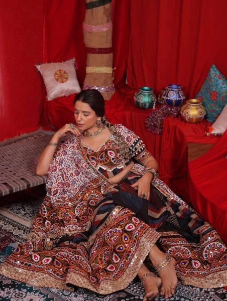 Ethereal Multi Designer Printed Muslin Cotton Lehenga Choli with Mirror Embroidery Navratri Lehnega Choli