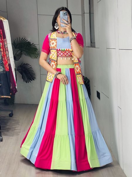 Ethereal Multi Rayon Lehengas Kutchhi Mirror Work Koti For Women At Navarati Wear Navratri Lehnega Choli