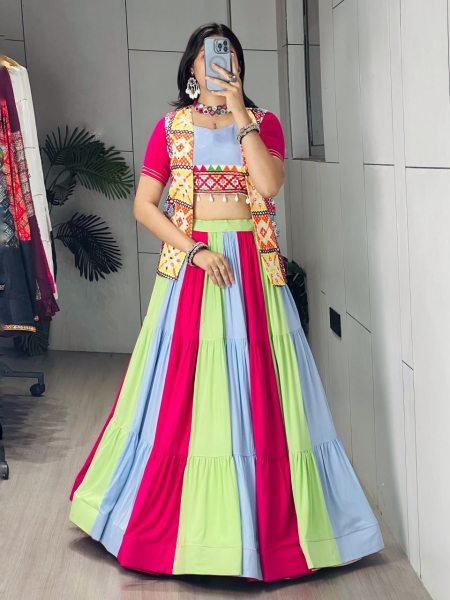 Ethereal Multi Rayon Lehengas Kutchhi Mirror Work Koti For Women At Navarati Wear Navratri Lehnega Choli