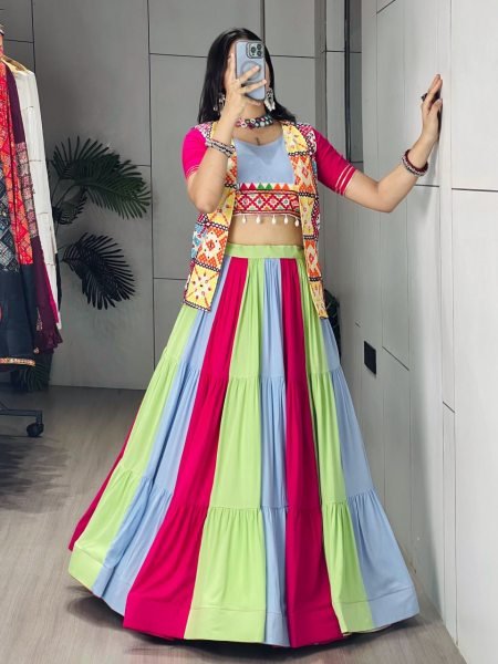 Ethereal Multi Rayon Lehengas Kutchhi Mirror Work Koti For Women At Navarati Wear Navratri Lehnega Choli