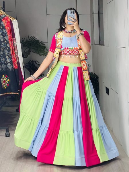 Ethereal Multi Rayon Lehengas Kutchhi Mirror Work Koti For Women At Navarati Wear Navratri Lehnega Choli