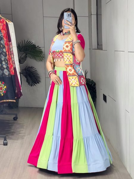 Ethereal Multi Rayon Lehengas Kutchhi Mirror Work Koti For Women At Navarati Wear Navratri Lehnega Choli