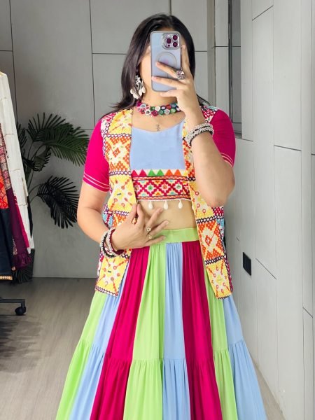 Ethereal Multi Rayon Lehengas Kutchhi Mirror Work Koti For Women At Navarati Wear Navratri Lehnega Choli