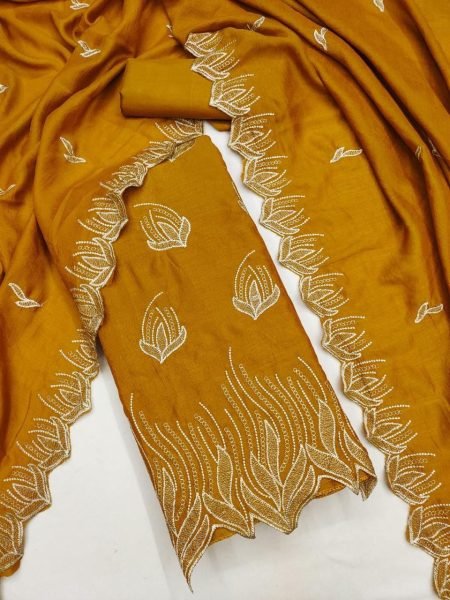 Ethereal Mustard Yellow Unstitched Dress Material Vichitra Silk Suit Set Color Set Matching Dress Material Wholesale