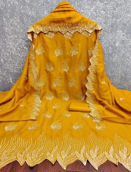 Ethereal Mustard Yellow Unstitched Dress Material Vichitra Silk Suit Set Color Set Matching Dress Material Wholesale