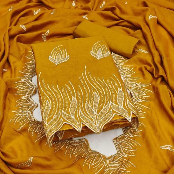 Ethereal Mustard Yellow Unstitched Dress Material Vichitra Silk Suit Set Color Set Matching Dress Material Wholesale