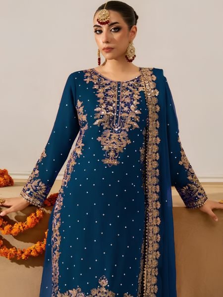 Ethereal Navy Blue Three Piece Roman Glass Kurti Set with Embroidered Dupatta 