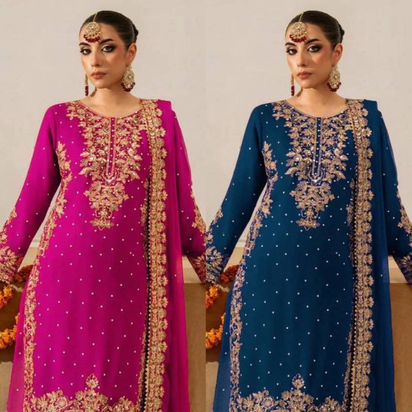 Ethereal Navy Blue Three Piece Roman Glass Kurti Set with Embroidered Dupatta Ready To Wear Collection